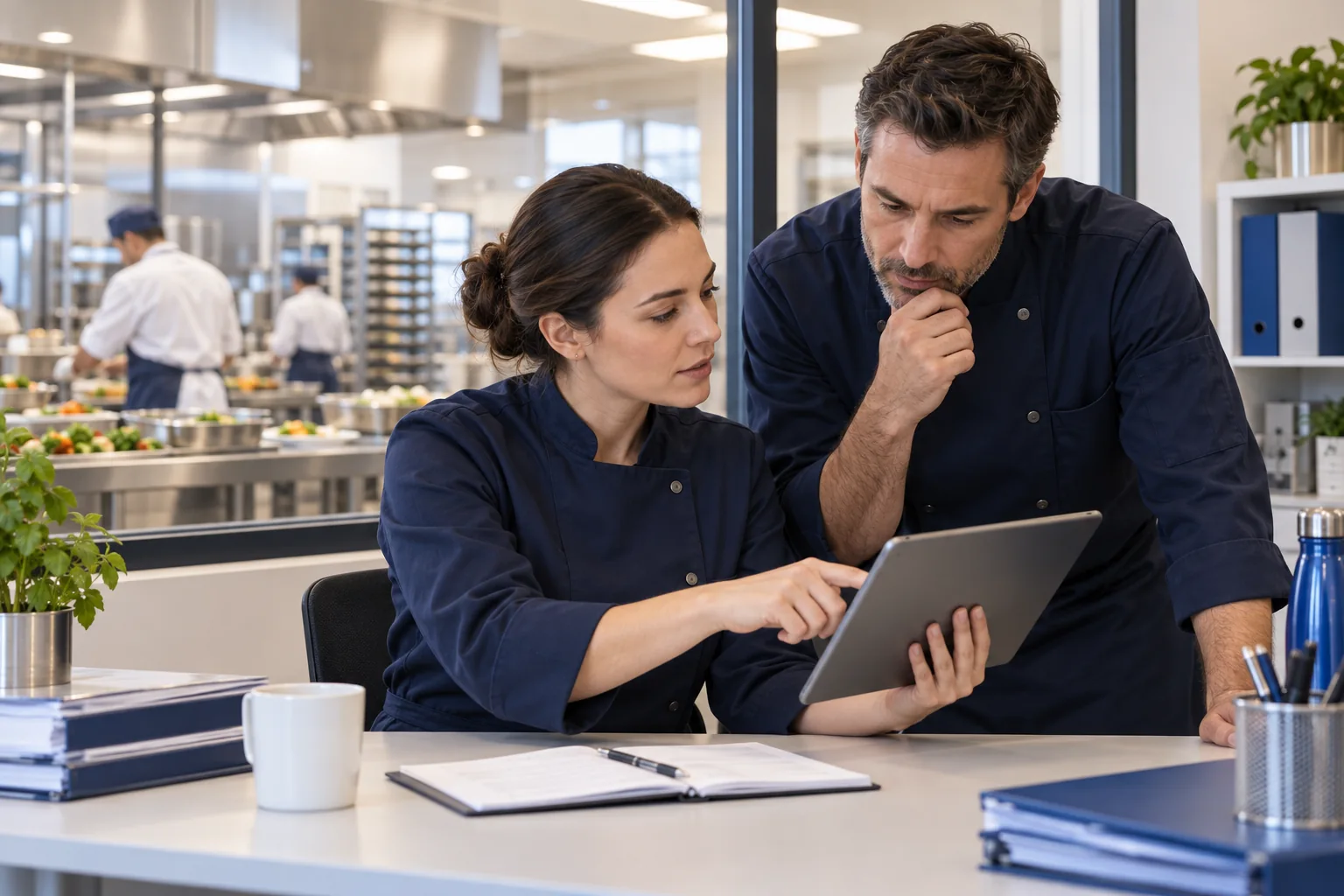 Une équipe échange autour d’une tablette à proximité de la production